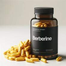 a bottle of berberine with capsules shown