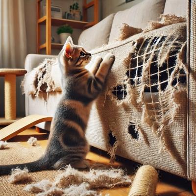 cat destroying a couch with scratching